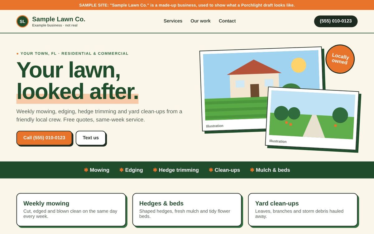 Sample draft website for a made-up lawn care business, top of the homepage